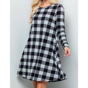 SUNDAY MORNING Buffalo check long sleeve swing tunic dress neutral minimalist
